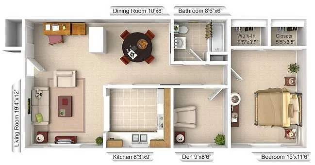 Floor plan 1 BR - 1 BTH + Den/Office