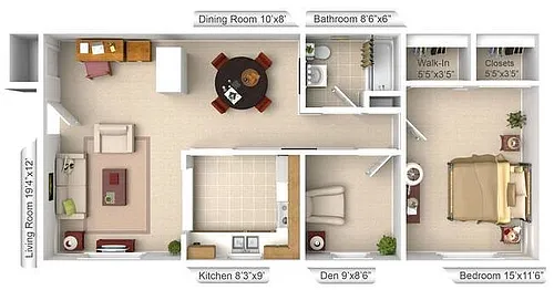 Floor plan 1 BR - 1 BTH + Den/Office Upgraded