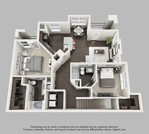 Floor plan 2 Bedroom 2 Bathroom Apartment with 1175 Square Fe