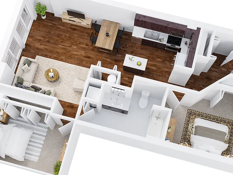 Two-Bedroom, One-Bathroom Floor Plan Rendering Two-Bedroom, One-Bathroom Floor Plan Rendering