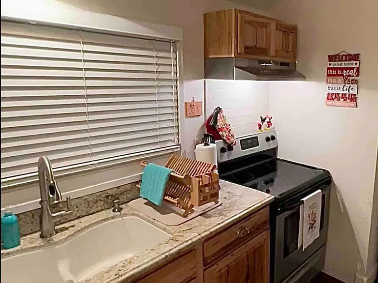 Kitchen sink area and stove/oven.