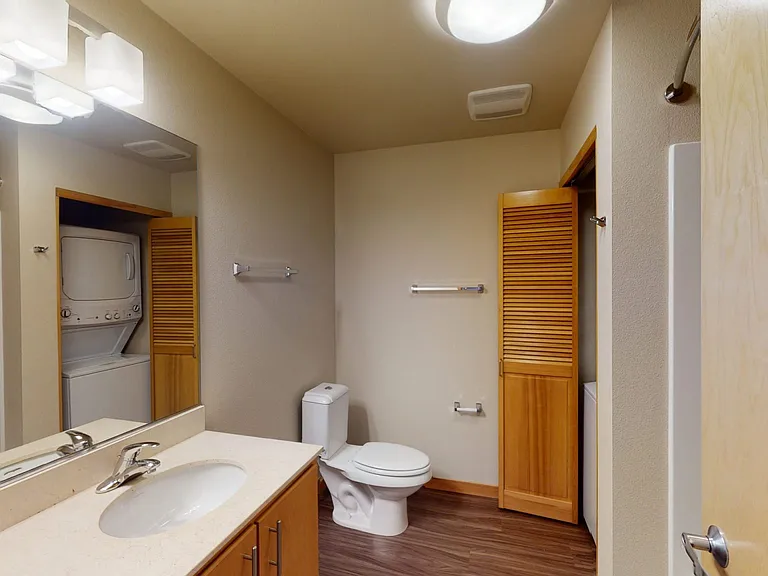 Apartment bathroom with wood-style flooring.