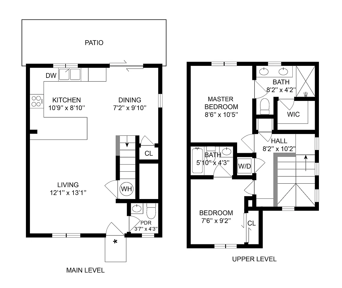 Floor plan 2 BR x 2.5 BA Townhome with Washer/Dryer - A