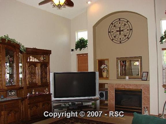 Living room with vaulted ceiling, plant shelves and gas log fireplace