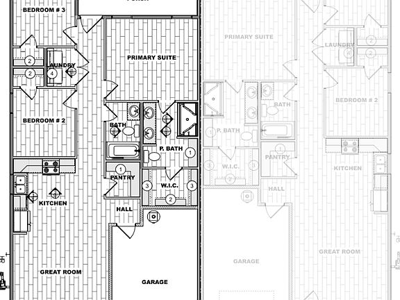 Black and white floor plan of a single-story house featuring a garage, great room, kitchen, three be