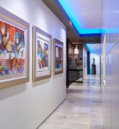 Entry/Hall - 36' x 4' : Curved Art wall on the South/Full cabinetry on North -all color matched.