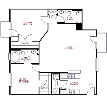 Floor plan Traditional 2x2 1057-1186 SF