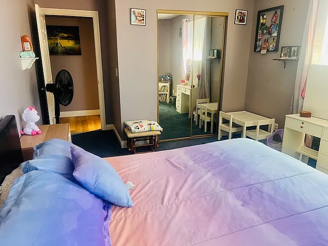 Bedroom #4: Full size bed, Nite stands w/ 3 drawers, Black-out curtains, Spacious closet, Vanity, Portable fan, Toddler table