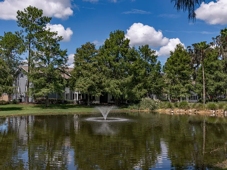 Picturesque lake with water feature
