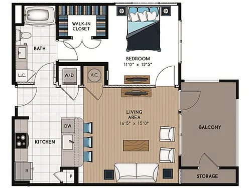 Floor plan 1 Bed, 1 Bath D (60% Income Restricted)