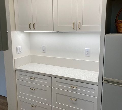 Kitchen pantry and refrigerator with under-cabinet lighting