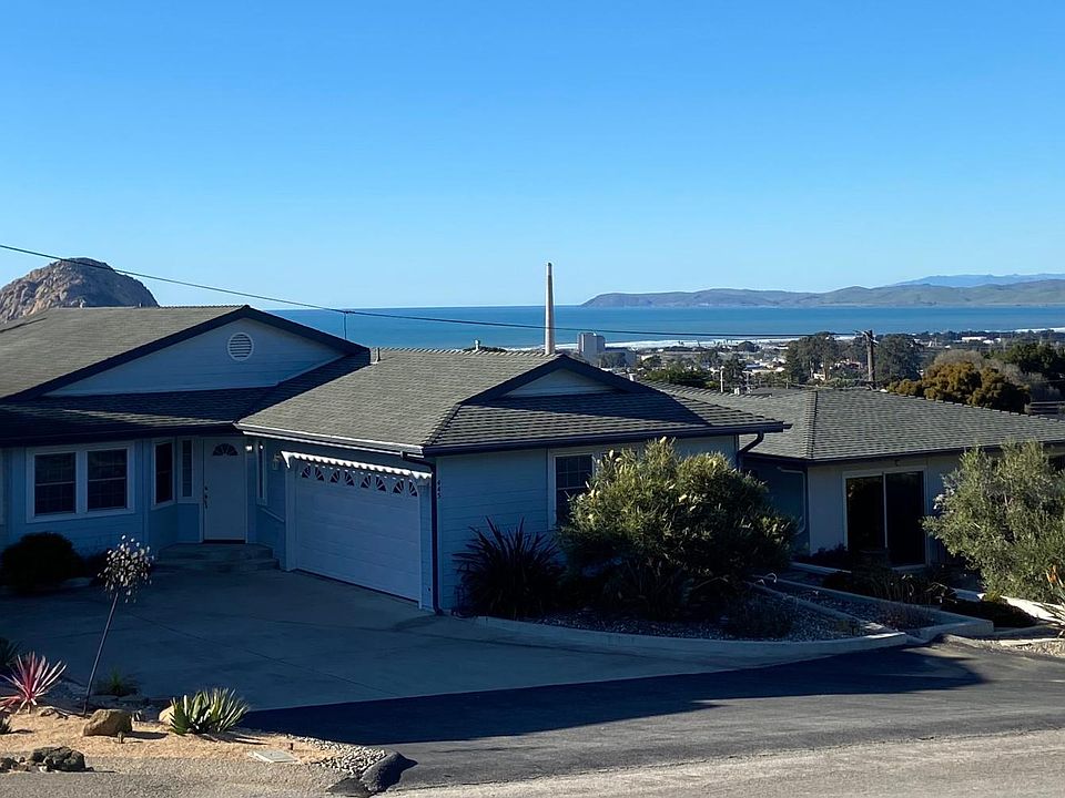 Front of house with Morro Rock and coast in the background.
