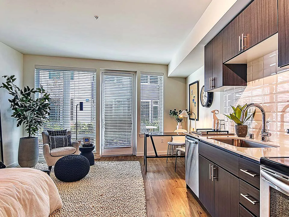 Griffis Shoreline apartment kitchen with quartz countertops.
