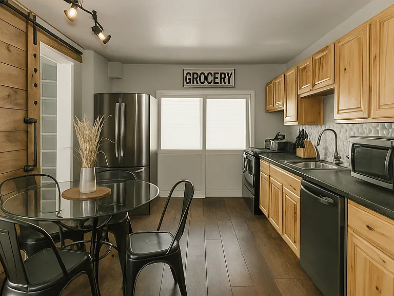This rustic-modern kitchen is fully equipped for cooking and gathering.