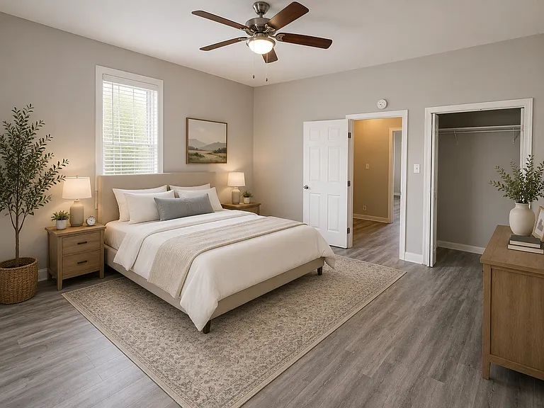 Extra large rooms with high ceilings and tall sunny windows! Extra large closet. AI was used for decorating purposes only.