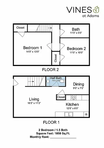 Floor plan 2 Bed 1.5 Bath Townhouse