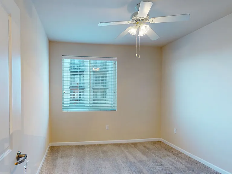 Spacious apartment bedroom with plush carpet flooring.