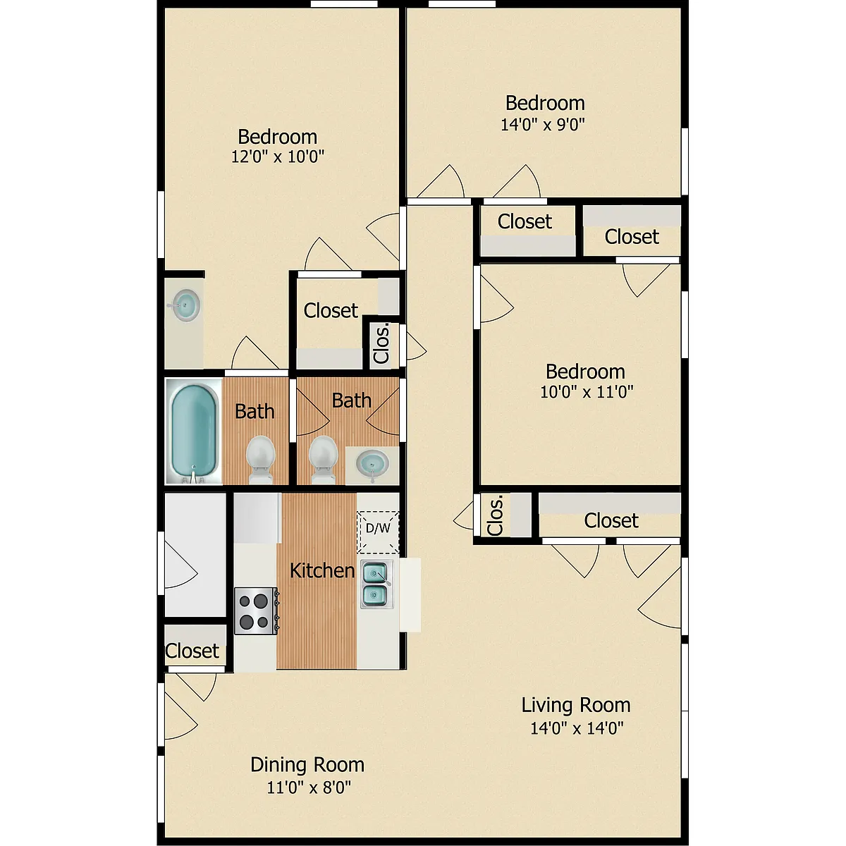 Floor plan 3 Bedroom 1 and a half Baths