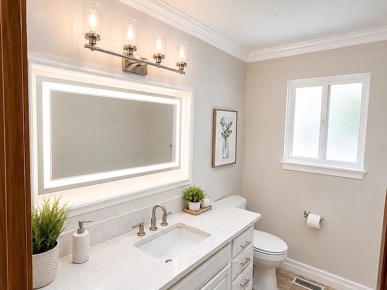 Beautiful remodeled bathroom featuring fresh paint, crown molding, skylight, LED mirror, white quartz countertops, under-mount sink, and stainless steel fixtures for a bright modern feel.