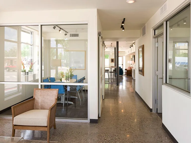 Conference room, office and lounge at Railyard Flats, amenities are shared between both buildings.