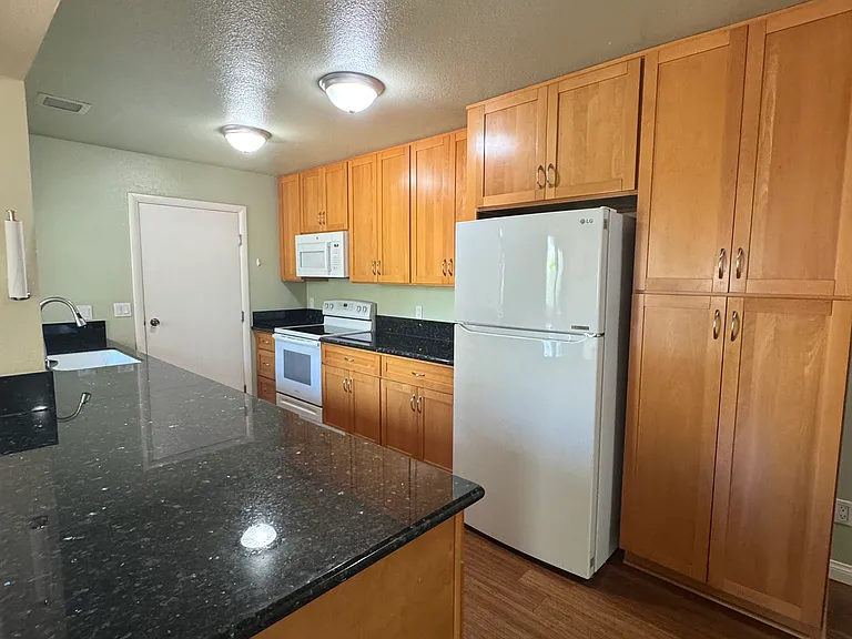 Galley kitchen with sleek granite countertops and ample cabinet storage