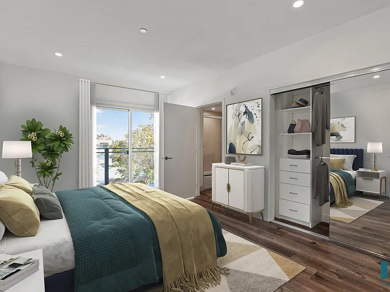 Bedroom with Mirrored closet with Organizers, Bathroom, and Patio