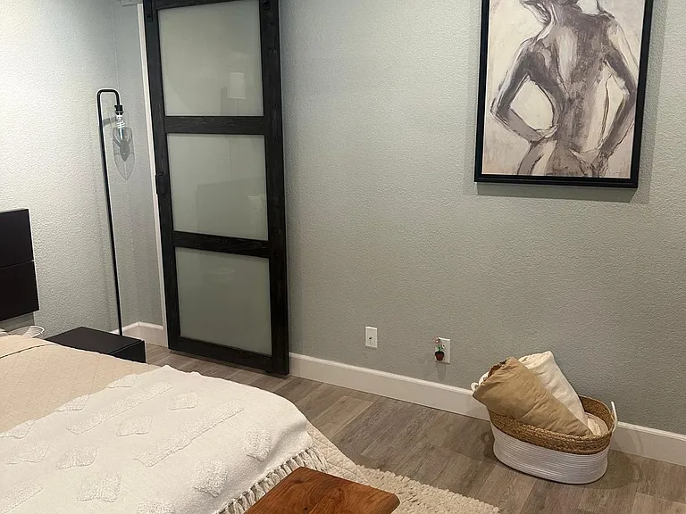 bedroom view with barn door closed