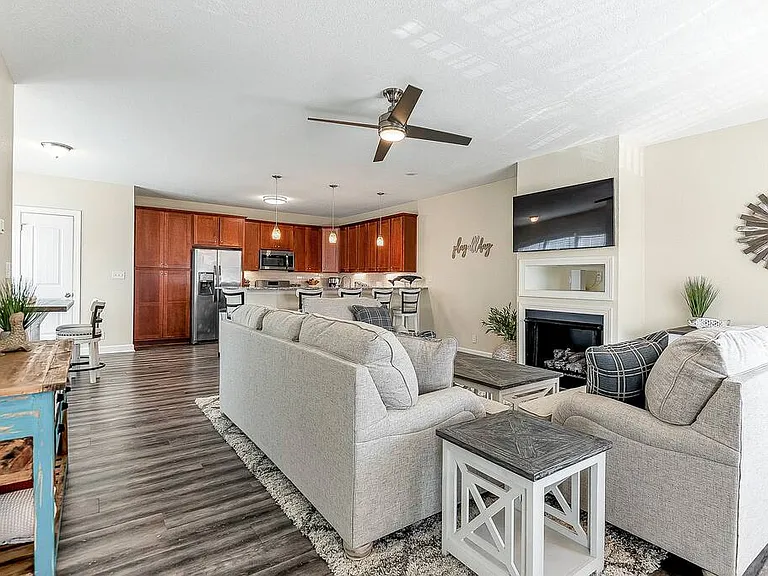 Gas switch fireplace with comfy seating and Smart TV to stream your favorite apps!