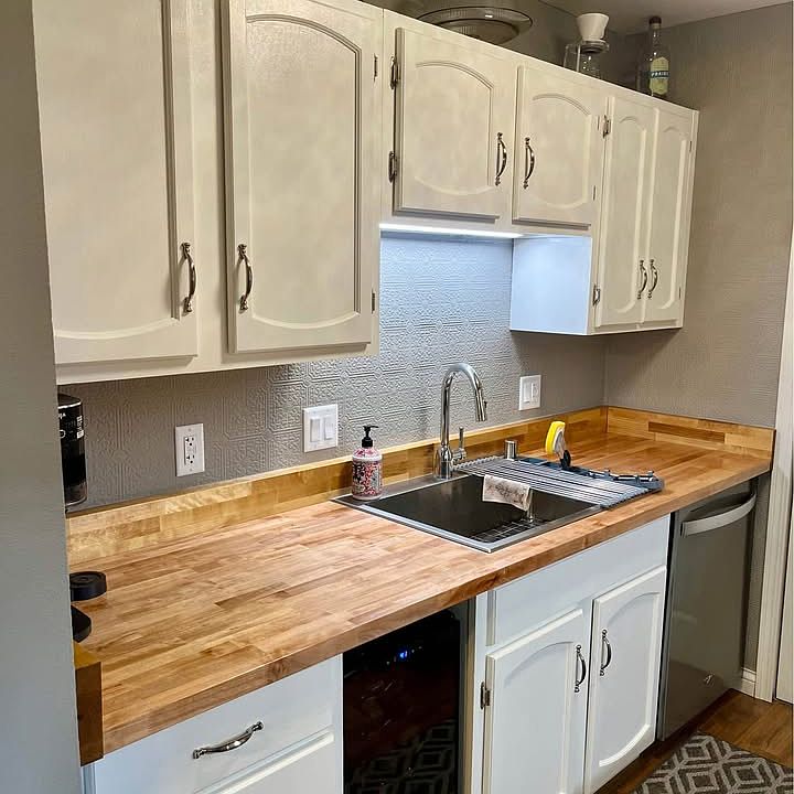 newly remodeled kitchen with butcher block counter tops