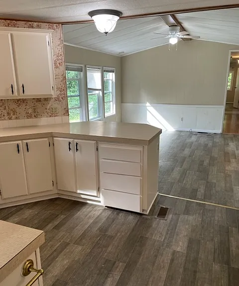 Kitchen open to the living and dining room.