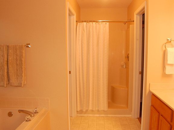 MB Bath, jet tub, standing shower and walk in closet; dbl sink