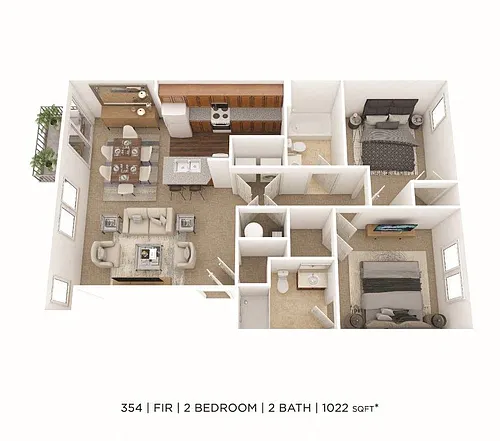 Floor plan Two Bedroom 2 Bath- 1,022 sqft