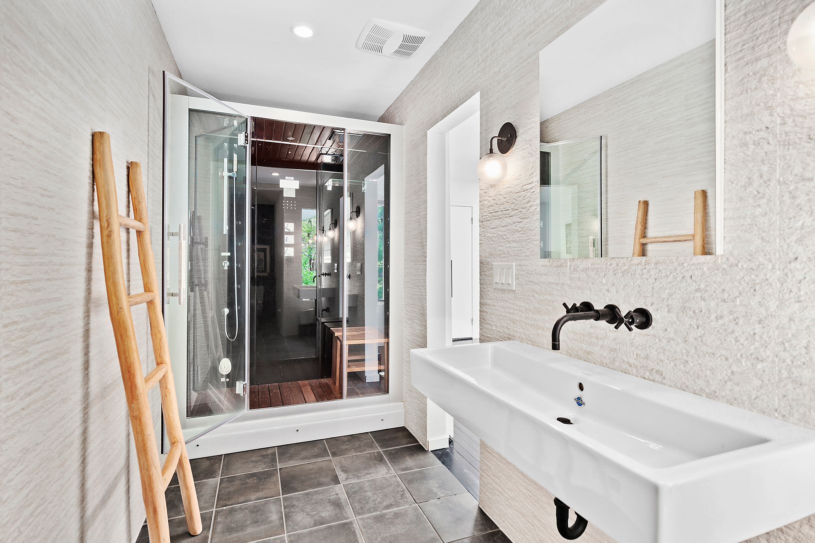  First Floor Master Bath with Steam Shower, Rain Head and Multi-Spray Jets.  Built-in Stereo too!