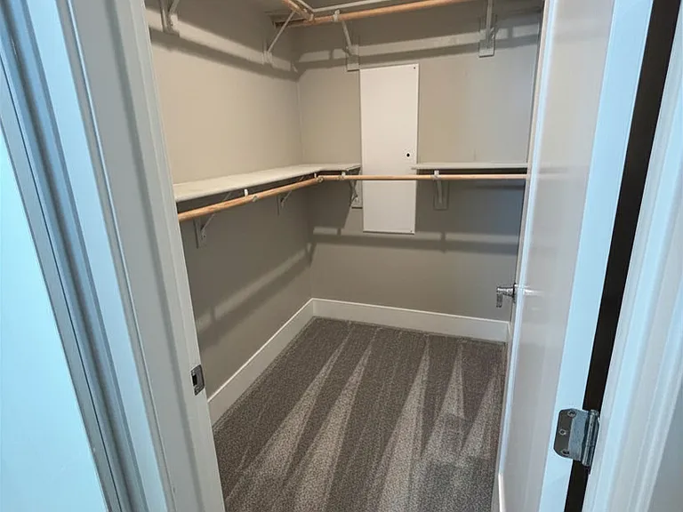 Primary walk-in closet with ample and custom shelving.