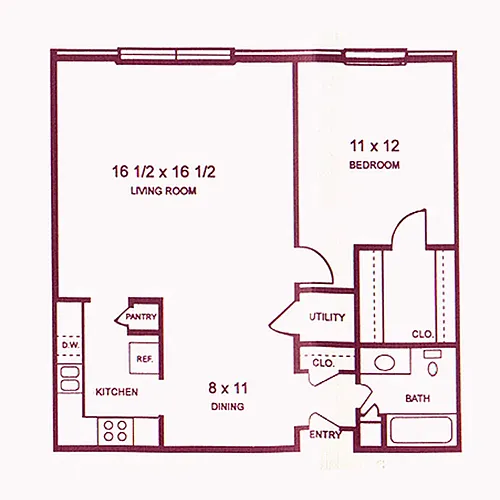 Floor plan 1Bd/1Ba Y