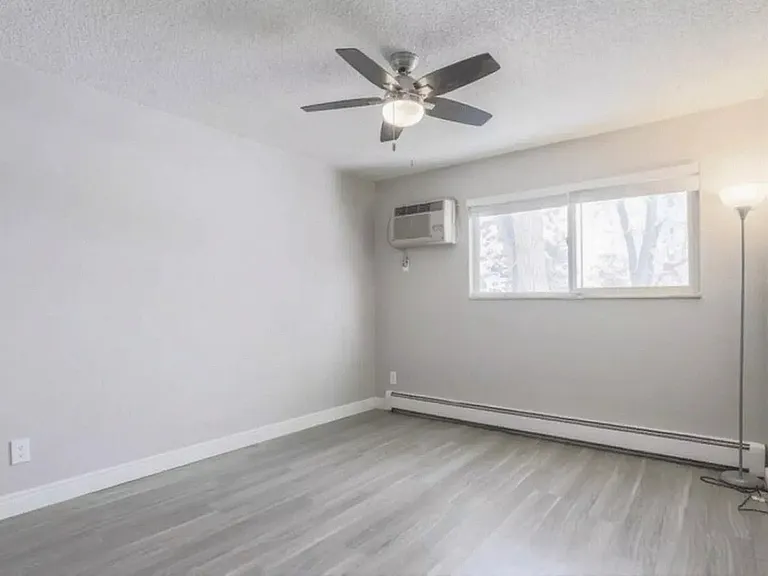 Bright, modern room with sleek laminate flooring, large window, and elegant ceiling fan.