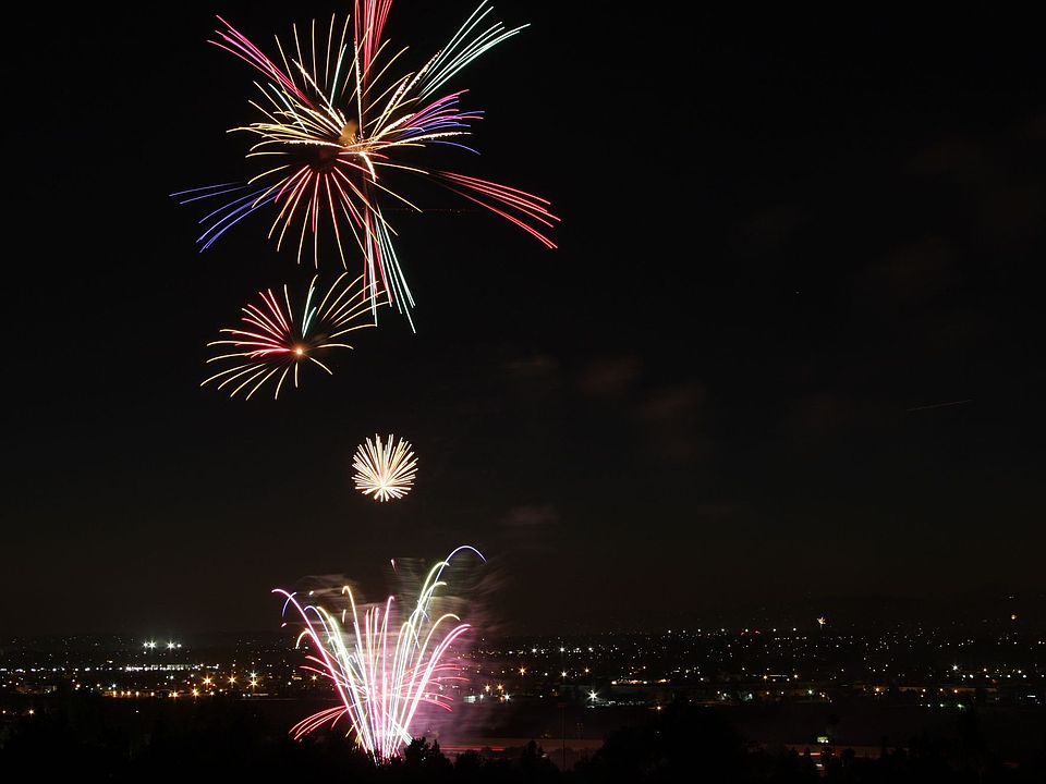 View of 4th of July fireworks from the backyard