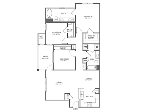Floor plan Three Bedroom Two Bath (1340 SF)