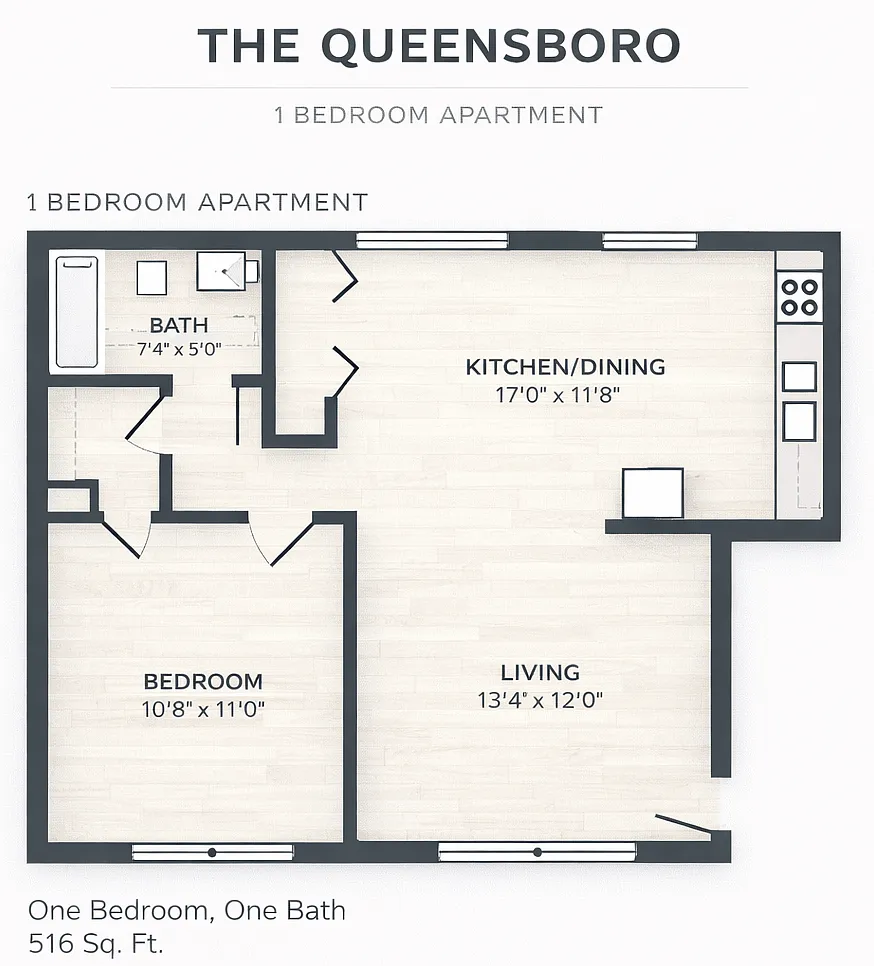 Floor plan 1 Bed 1 Bath - The Queensboro
