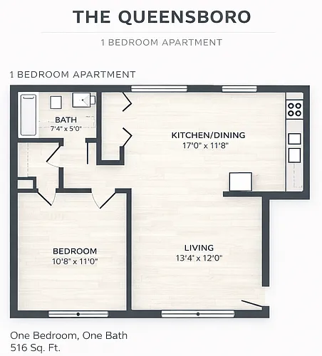 Floor plan 1 Bed 1 Bath - The Queensboro
