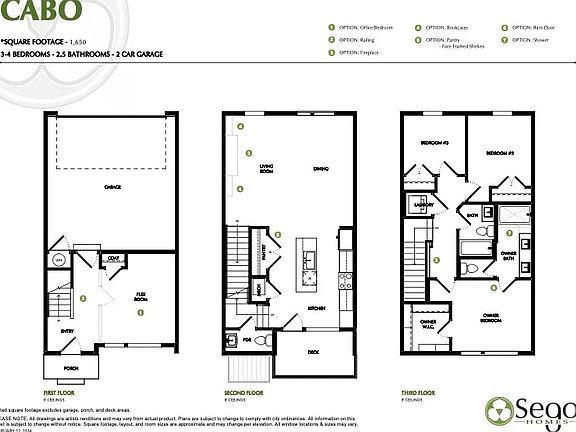 Floor plan of a three-story house named Cabo with 3-4 bedrooms, 2.5 bathrooms, and a 2-car garage.