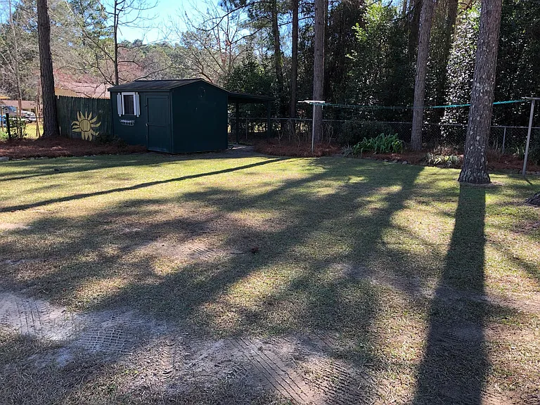 Storage building and clothesline in backyard