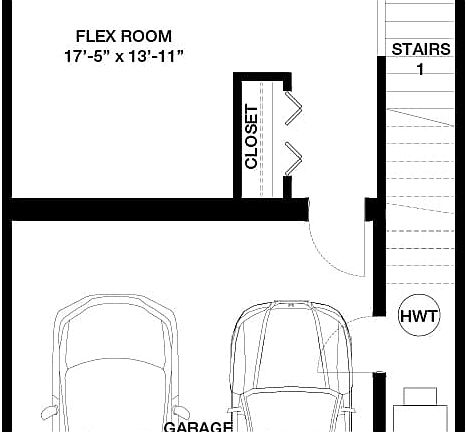 A black line drawing of the Stanley 2 urban rowhome model in Crown Park by Brookfield Residential