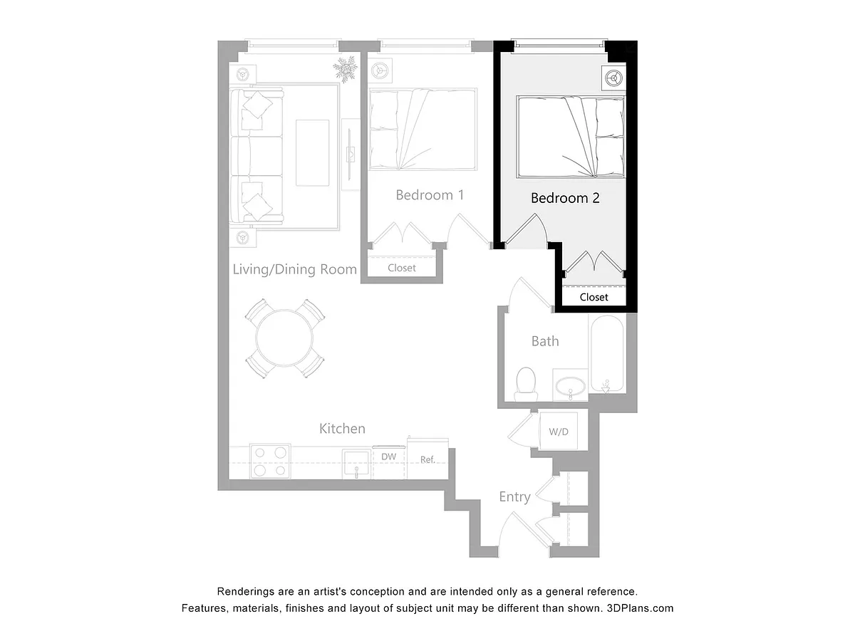 Floor plan Furnished Room in a 2 Bedroom 1 Bathroom (2B2)
