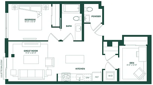 Floor plan 1 Bed/1.5 Bath Den-1P