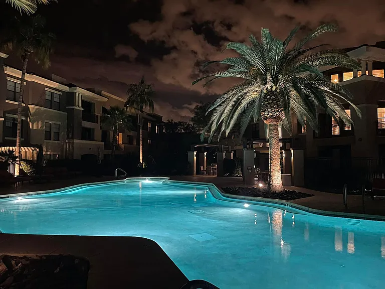 Community pool, evening view