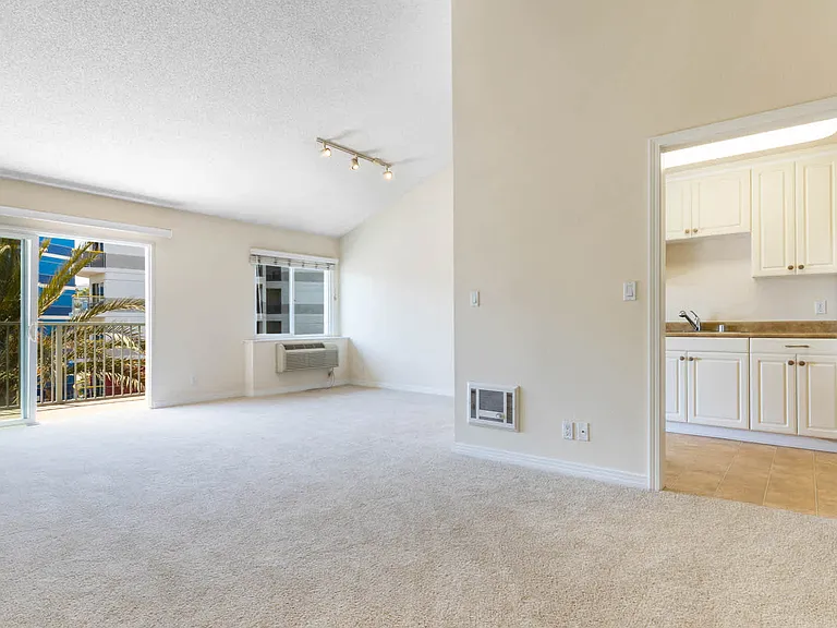 Carpeted Living Room with Balcony