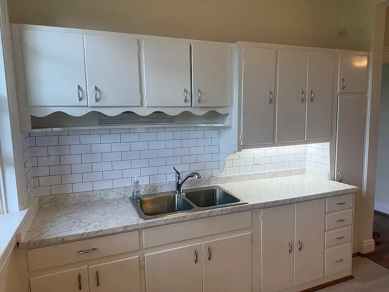 There's a new stainless steel double sink and faucet with sprayer.