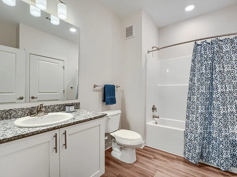 Bathroom with sink, toilet and shower/tub combo