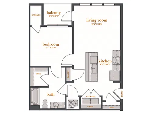 Floor plan 1 Bed, 1 Bath A (80% Income Restricted)